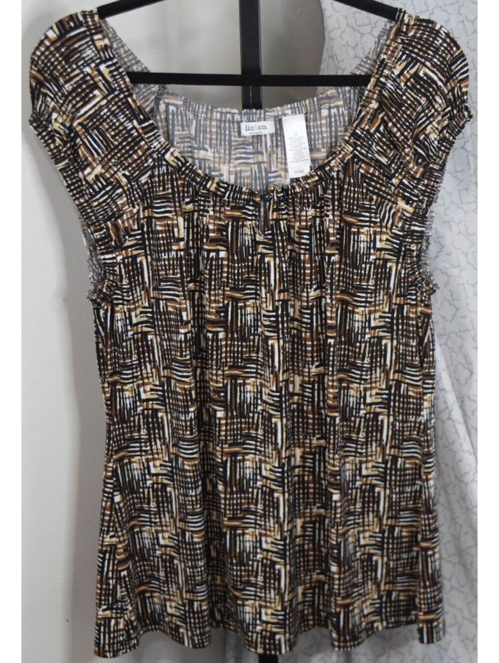Liz & Co. Woman 1X Brown Black Abstract Print Cap Sleeve Keyhole Blouse Top